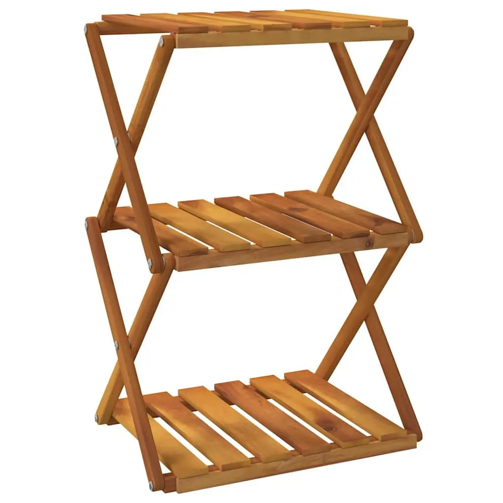 3-Tier Folding Shelf Solid Acacia Wood Compact Brown Storage Display Rack Unit
