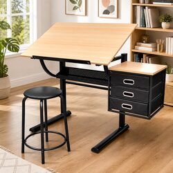 Tiltable Brown Drafting Table with Drawers and Stool