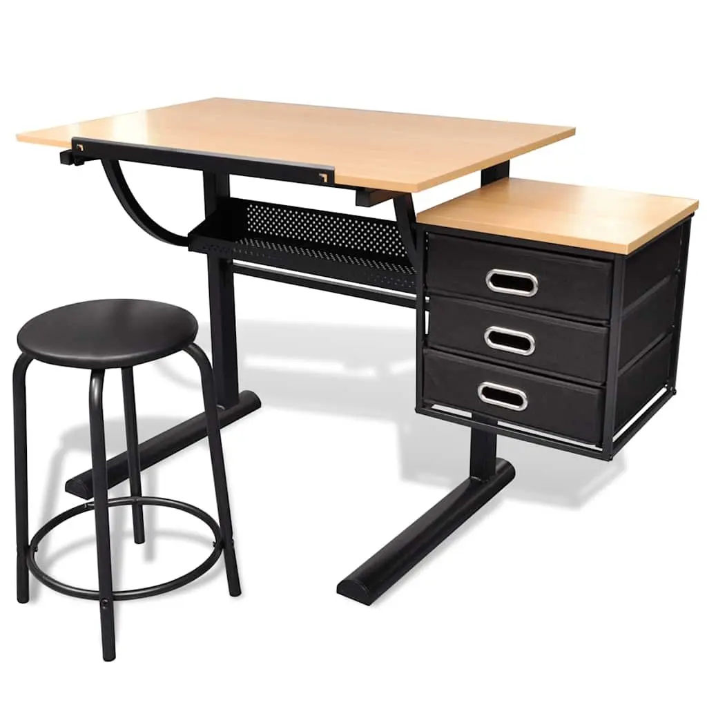 Drafting Desk with Tiltable Surface Brown with Stool and Three Storage Drawers