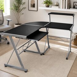 L-Shaped Black Corner Computer Desk with Storage Shelf