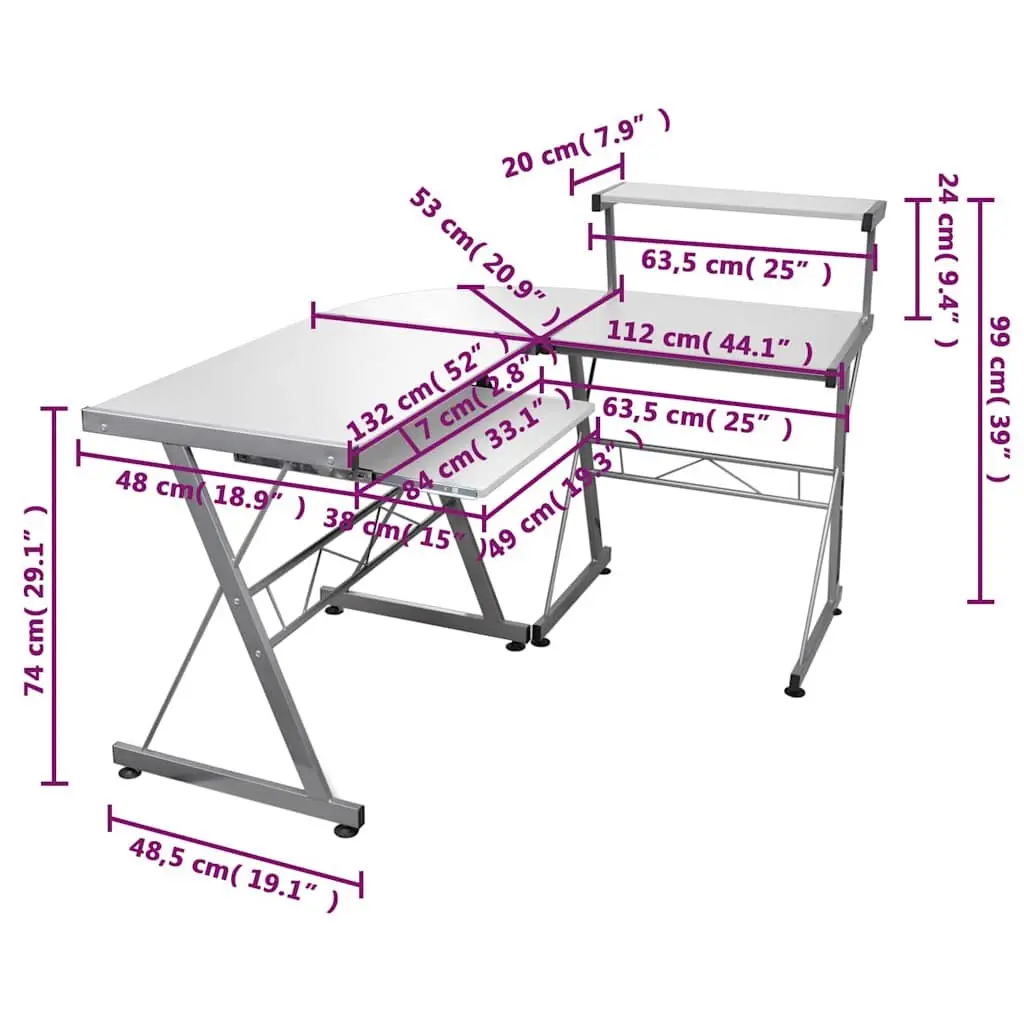 L-Shaped Corner Computer Desk with Sliding Keyboard Tray and Top Shelf White