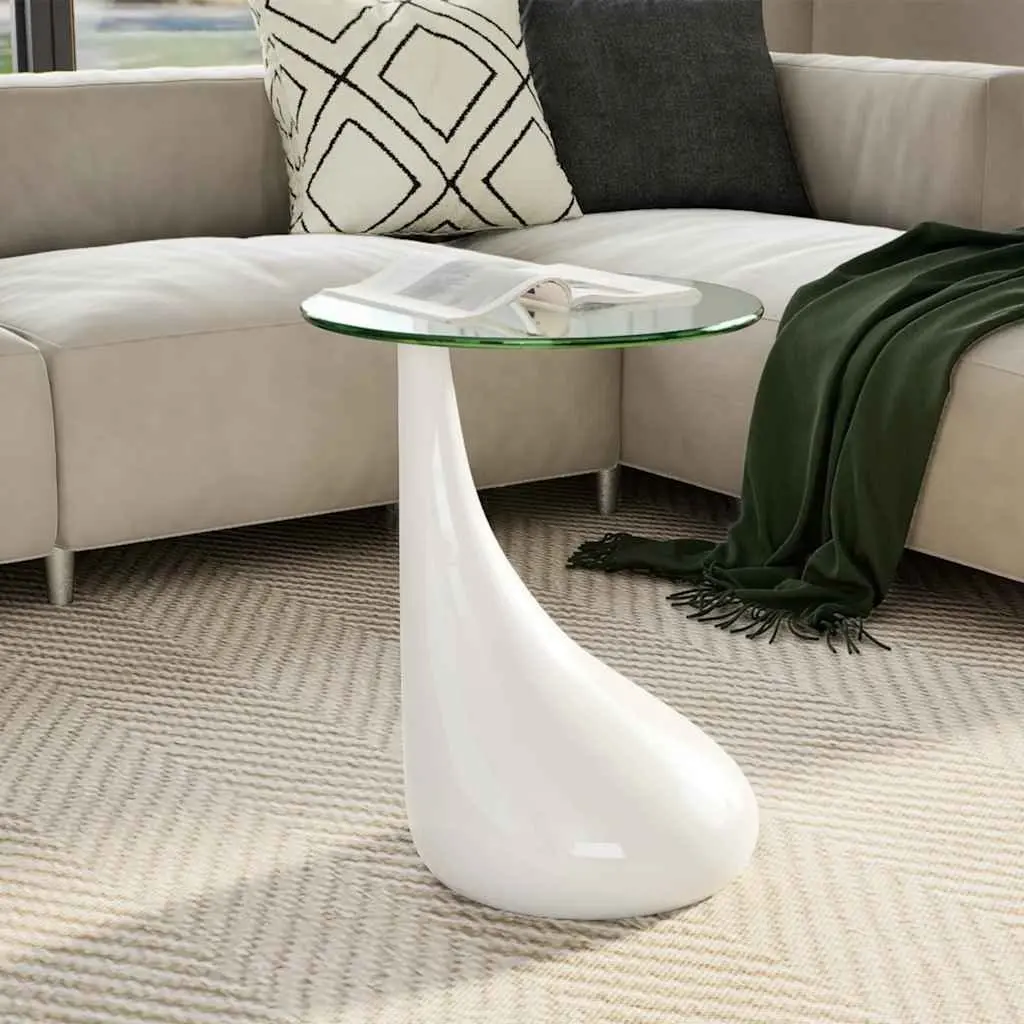 Round Coffee Table High Gloss White Water Drop Base Glass Top Living Room Accent