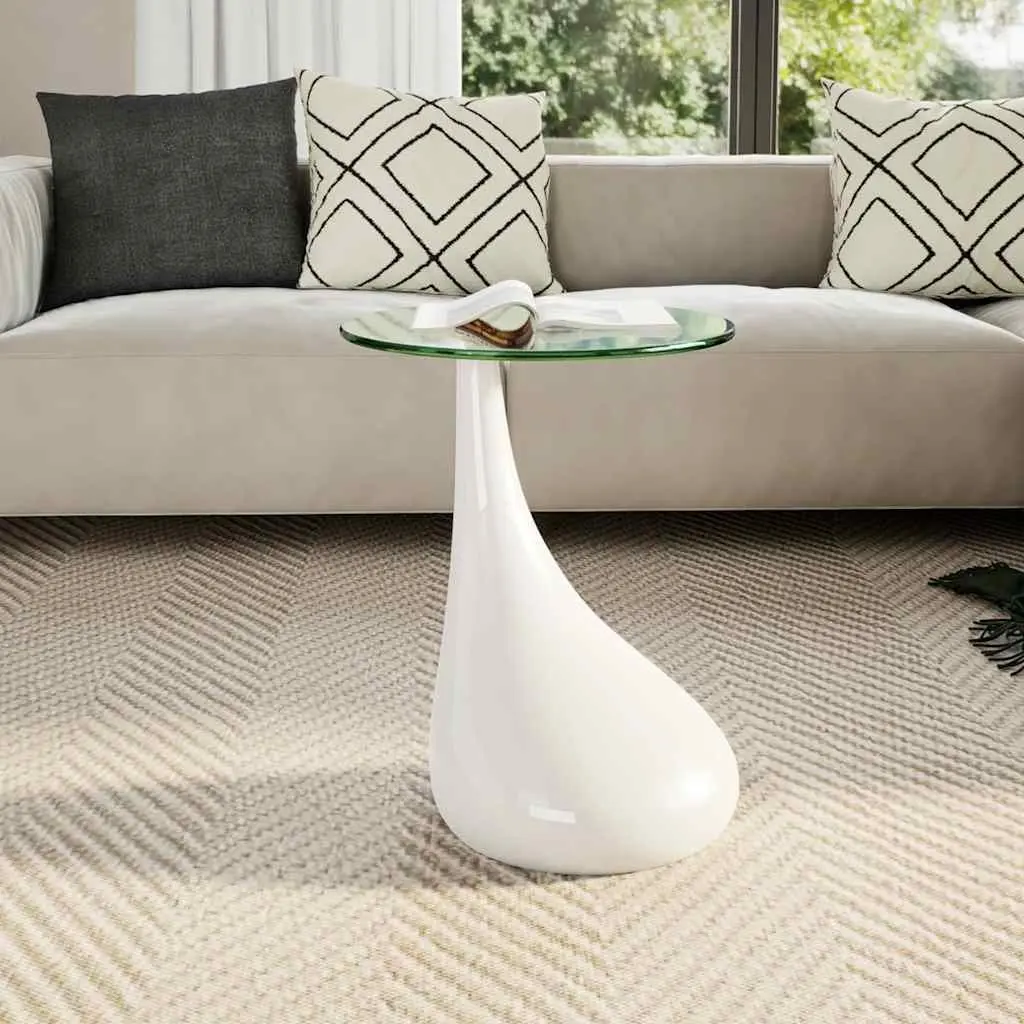 Round Coffee Table High Gloss White Water Drop Base Glass Top Living Room Accent