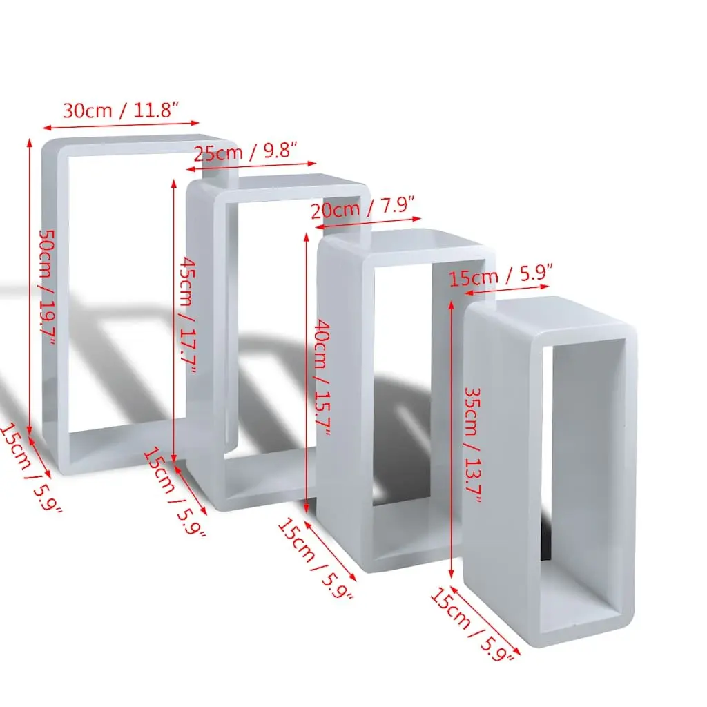 Cuboid Wall Shelf Set of 4 Contemporary High Gloss White Display Storage Shelves