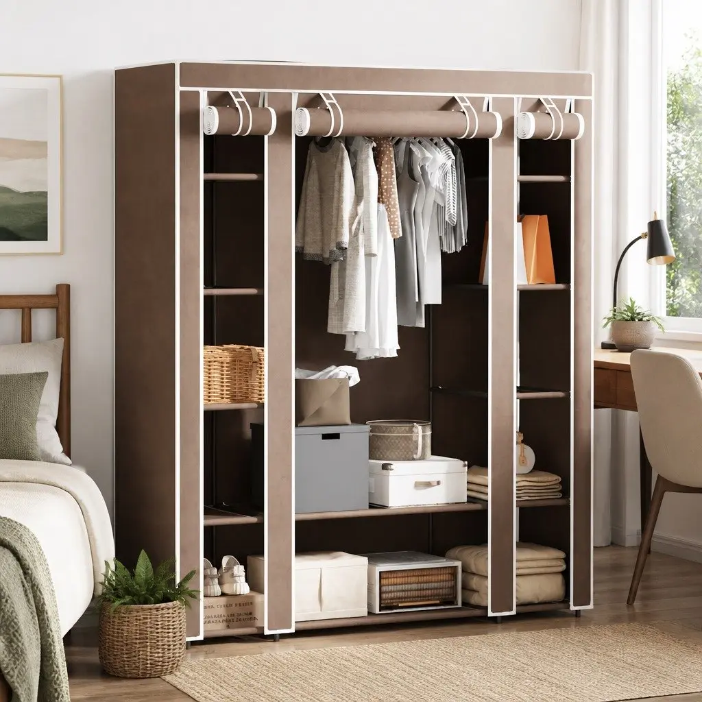 Portable Wardrobe Cabinet Storage Closet with Multiple Compartments and Hanging Rods 45 x 150 x 176 cm Brown Fabric