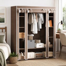 Brown Fabric Portable Wardrobe Cabinet with Compartments