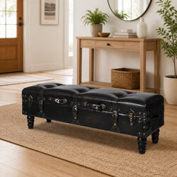 Faux Leather Storage Bench with Tufted Cushion