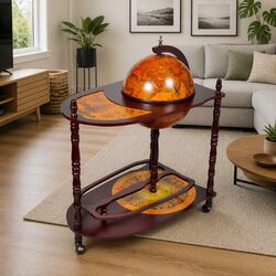 Brown Wooden Globe Bar Wine Cabinet with Table and Wheels