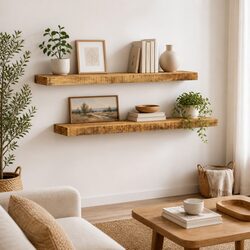 Wall Mounted Display Shelves Set of 2 in Solid Wood