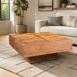 Brown Square Coffee Table Crafted from Solid Mango Wood