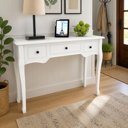 Three-Drawer White Console Dressing Table for Small Spaces