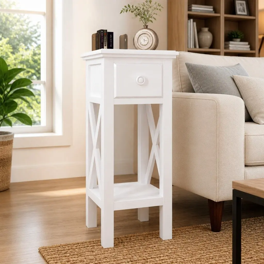 End Table with Drawer Storage Accent Side Table White