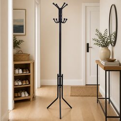 Black Metal Coat Stand with Ball Hooks and Triangular Base