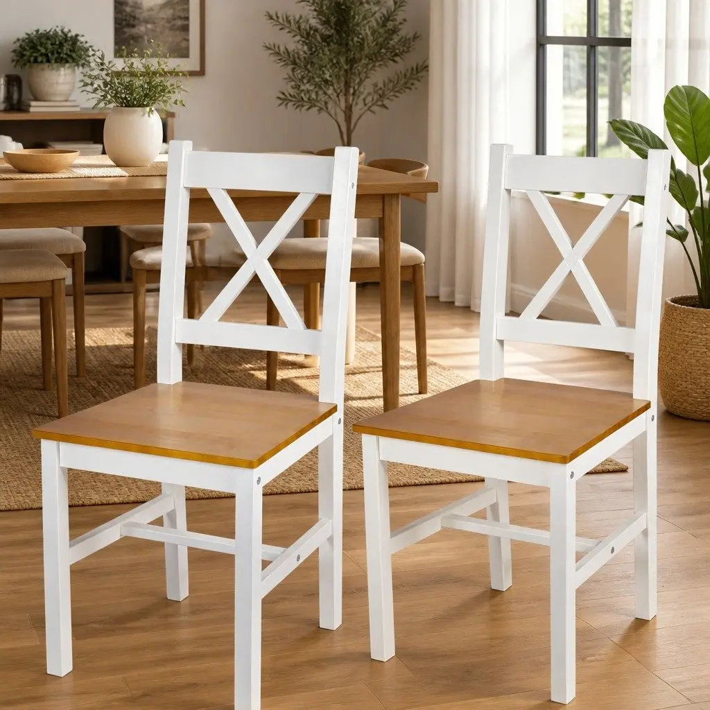 Dining Chairs Ergonomic Comfort White Wooden Seat 2 Piece Set