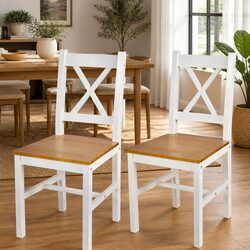 Set of 2 Solid Pine Wooden Dining Chairs in White