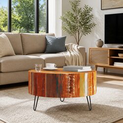 Round Coffee Table with Reclaimed Wood and Iron Legs