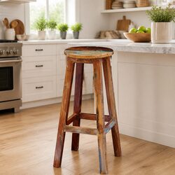 Reclaimed Wood Bar Stool with Footrests in Antique Style