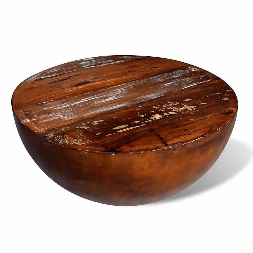 Coffee Table Bowl Shape Handmade Reclaimed Wood Antique Brown Steel Base