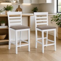 White Fabric Bar Stools Set of 2 with Padded Seats