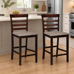 Set of 2 Brown Fabric Bar Stools with Rubberwood Frame