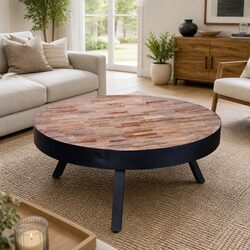 Round Coffee Table in Reclaimed Wood with Vintage Style