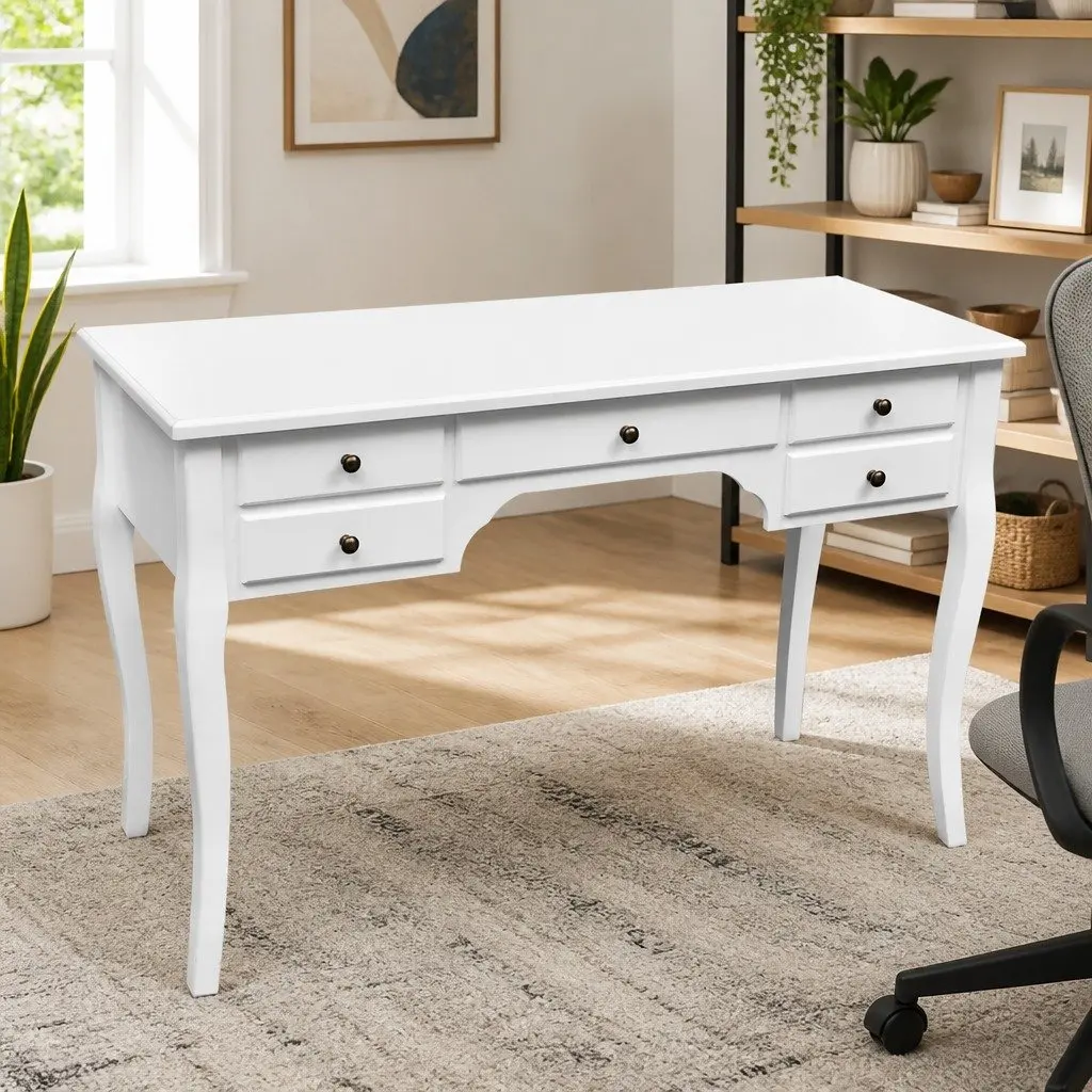 Wooden Desk Antique Look 5 Drawers White