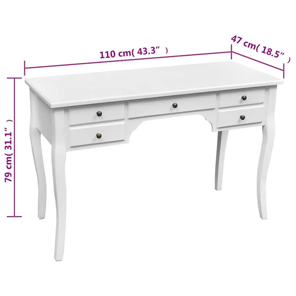 Wooden Desk Antique Look 5 Drawers White