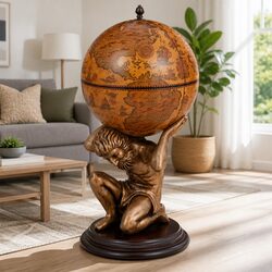 Brown Globe Wine Bar Cabinet with Atlas Design