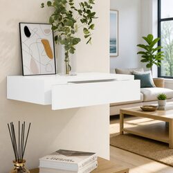White Floating Shelf with Drawer for Book and DVD Storage