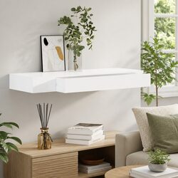 Functional White Wall Shelf with Drawer Storage and Display Area
