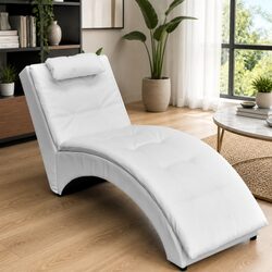 Faux Leather Chaise Longue in White with Pillow and Steel Frame