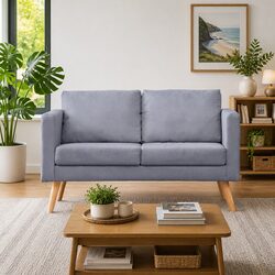 2-Seater Grey Fabric Sofa with Wooden Frame and Cushions