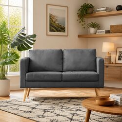 Grey Fabric 2-Seater Sofa with Padded Cushions