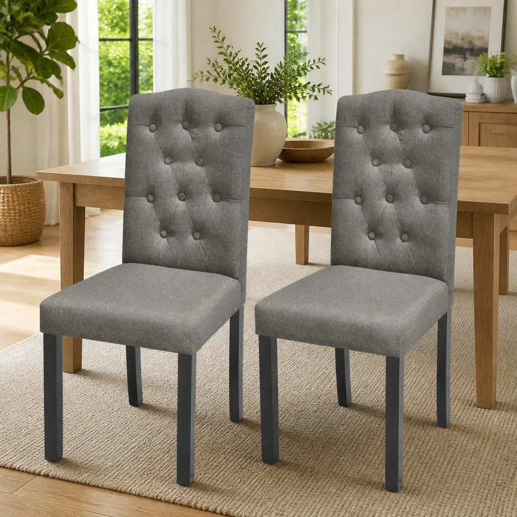 Dining Chairs Ergonomic Comfort 2 Piece Grey Upholstered Kitchen Seating Wooden Legs