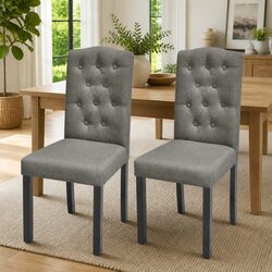 Set of 2 Dining Chairs Grey Upholstered with Wood Legs
