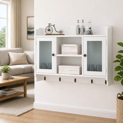 White MDF Wall Display Cabinet with Glass Panel Doors