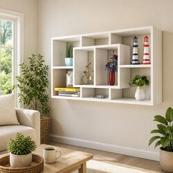 Wall-Mounted White Display Shelf with 8 Compartments