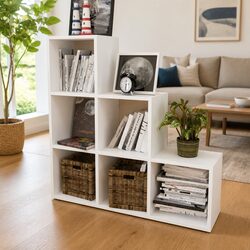 Functional Staircase Bookcase 107cm White with 6 Open Compartments