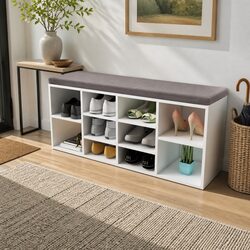 10-Compartment White Shoe Storage Bench