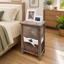 Brown Wood Bedside Cabinets with Drawer and Wicker Basket