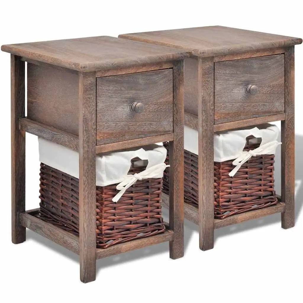 Bedside Cabinet Compact Storage 2 Piece Brown Wood Nightstand with Drawer and Removable Wicker Basket