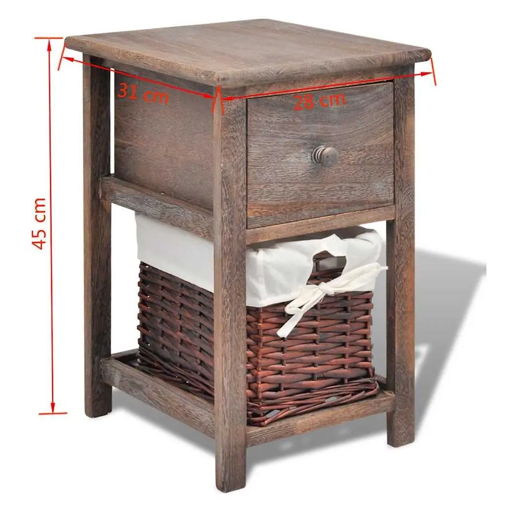 Bedside Cabinet Compact Storage 2 Piece Brown Wood Nightstand with Drawer and Removable Wicker Basket
