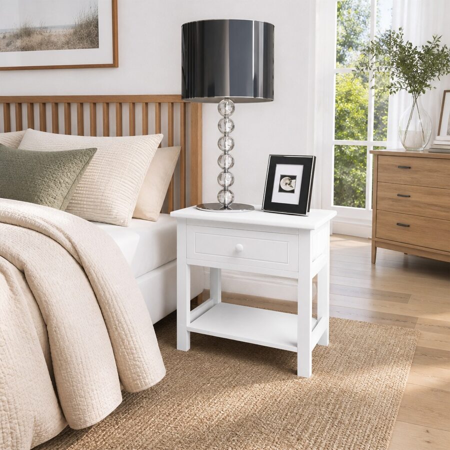 White Wooden Bedside Cabinets with Storage Features