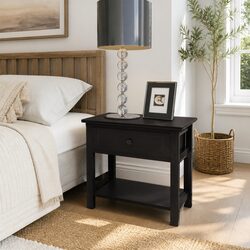 Black Wooden Bedside Cabinet with Drawer and Shelf
