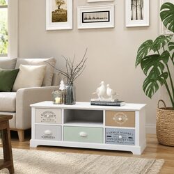 French Country TV Cabinet with 5 Drawers in Light Green Accent