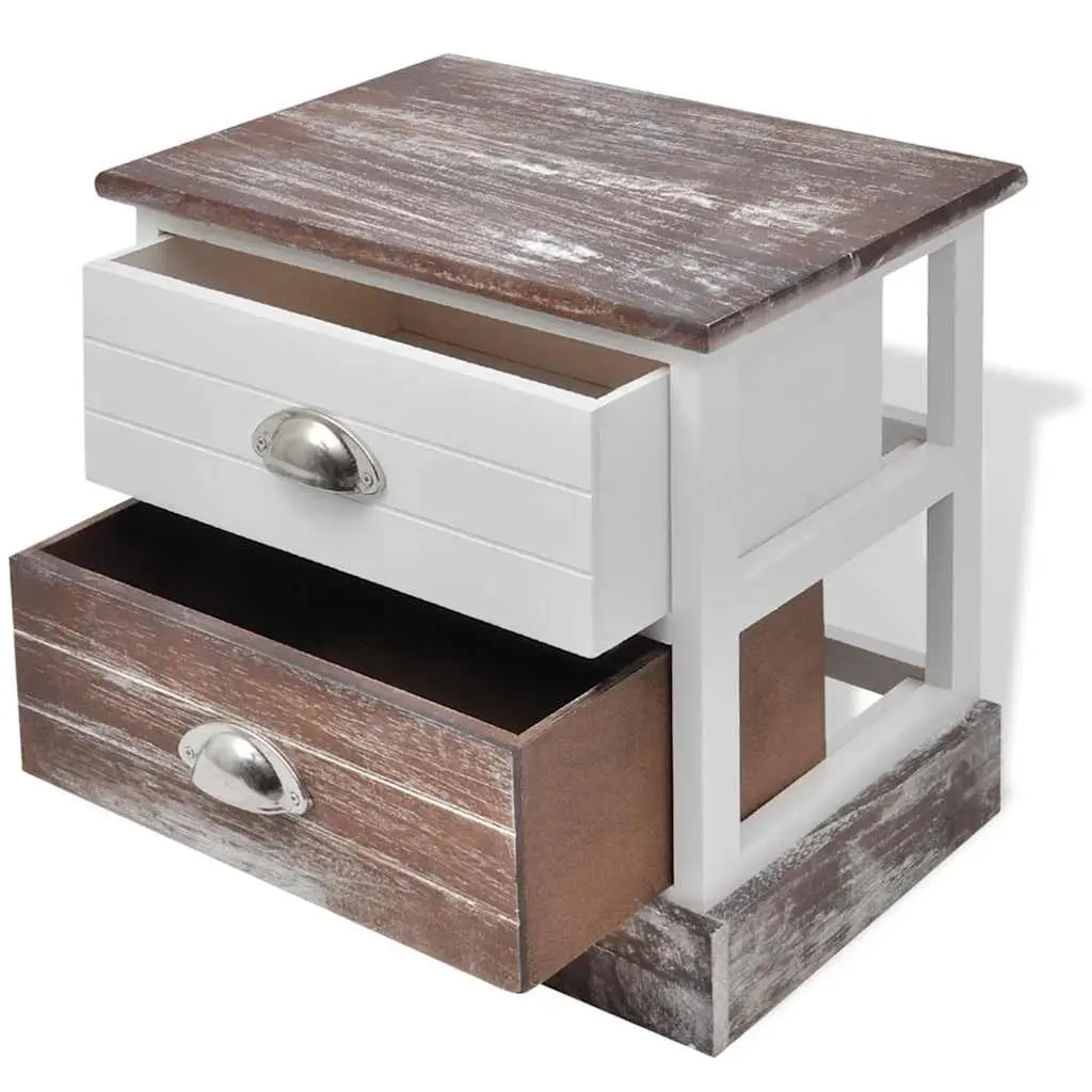 Bedside Cabinets Vintage Look Compact Size Brown and White 2 Piece Set