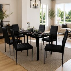 7-Piece Black Dining Table Set with Glass Top and Chairs