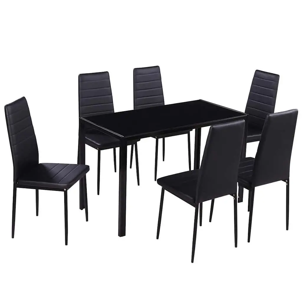 Dining Set Modern Comfort 7 Piece Black Glass Table with 6 Chairs