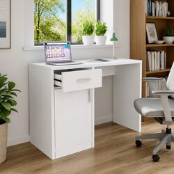 White Office Desk with Storage Drawer and Cabinet
