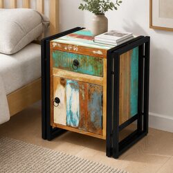 Reclaimed Wood Bedside Cabinet with Steel Frame